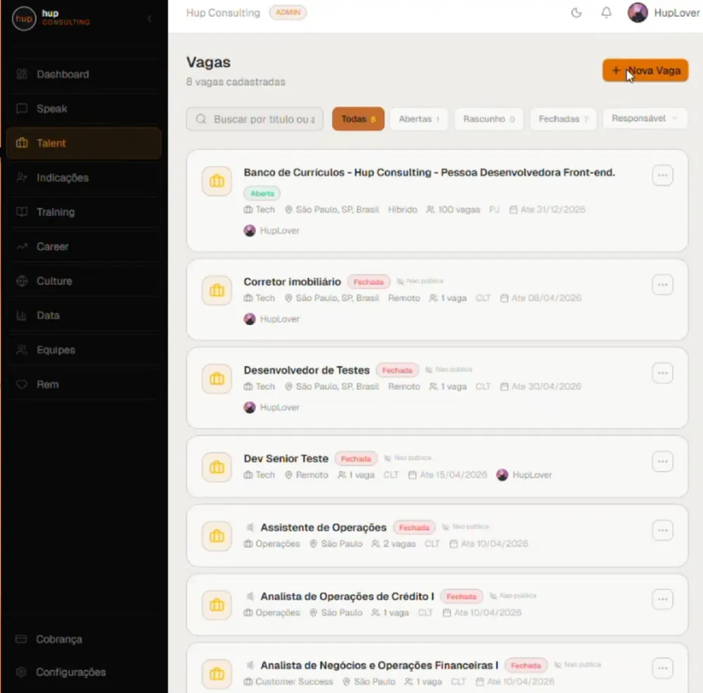 Hup Talent · lista de vagas com filtros por status e responsável